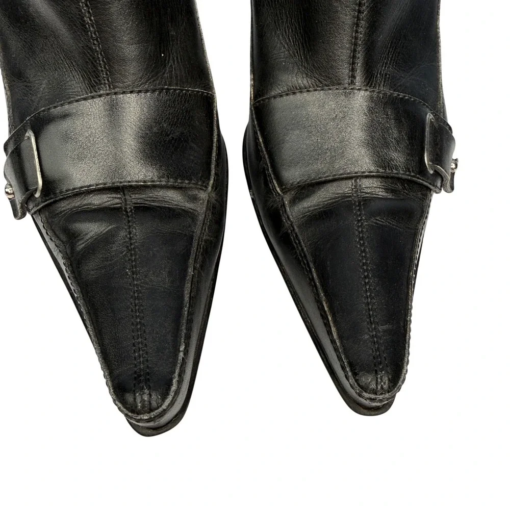 Sergio Rossi Black Leather Pointed Toe Buckle Ankle Boots Heels Size 9 US